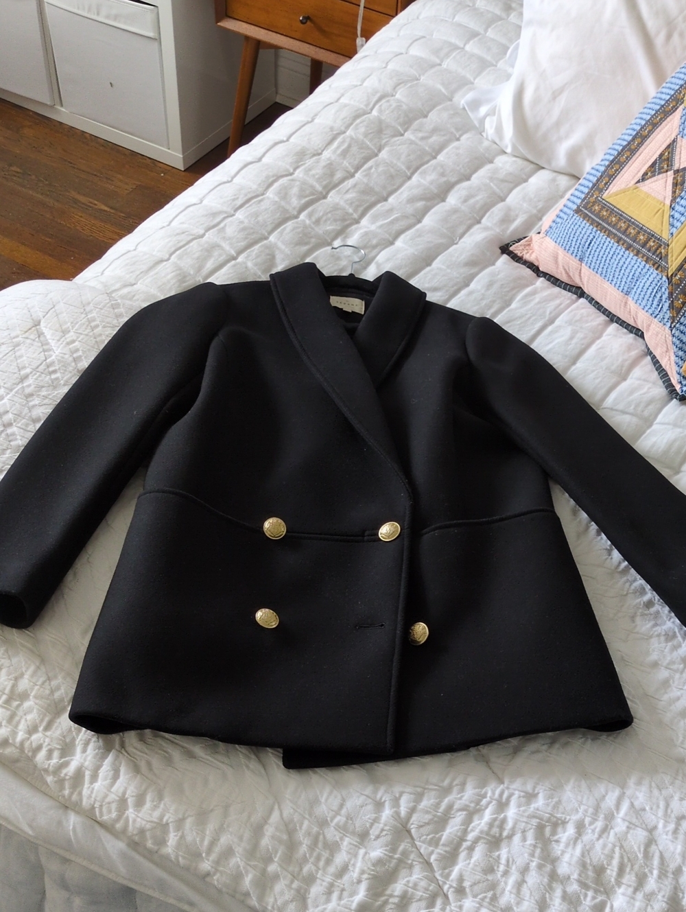 Sezane James Coat, 36/ US4, Double-Breasted Black Women's Coat with Gold Buttons